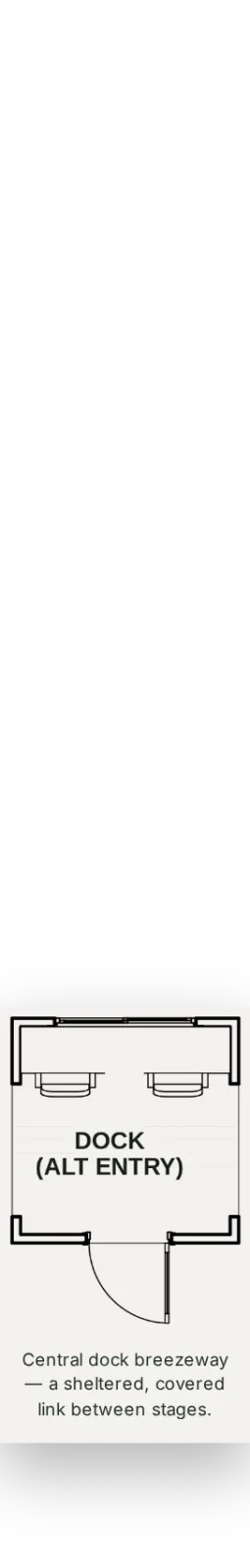 Dock (Stage 2) — a sheltered, covered breezeway sliding over to connect to Module 1.