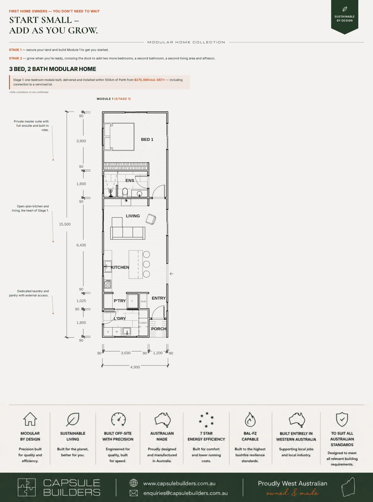 Start Small – Add As You Grow. Modular Home Collection. 3 Bed, 2 Bath in a matter of days — Module 1 (Stage 1) floor plan, ready for the dock and Module 3 to join it.