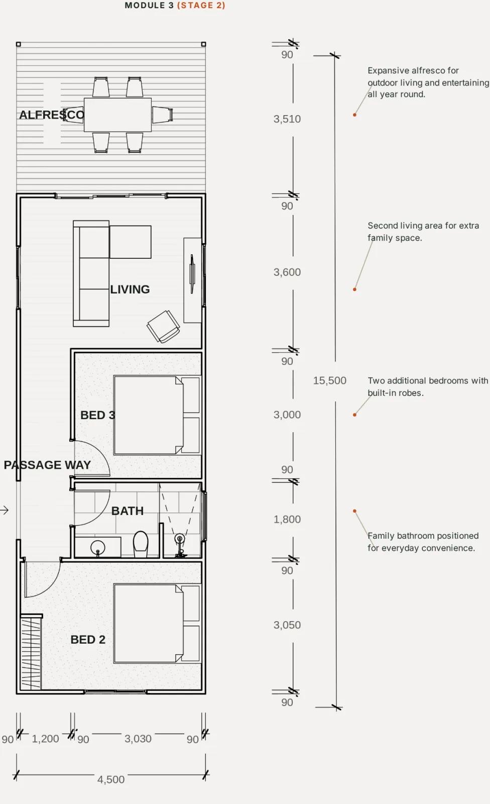Module 3 (Stage 2) floor plan — a second living area, two more bedrooms, family bathroom and alfresco — sliding into place against the dock to complete the home.