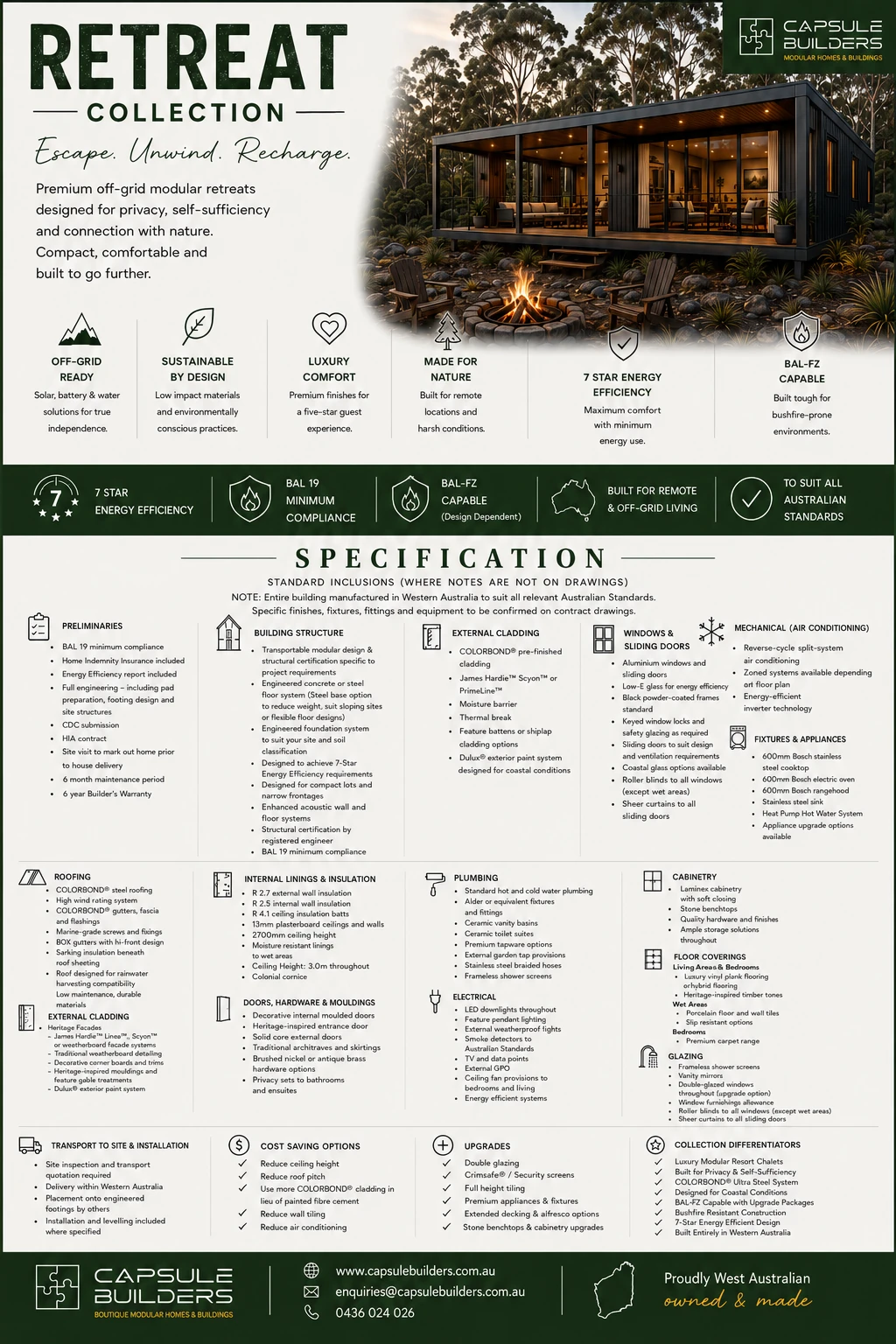 Retreat Collection specification sheet